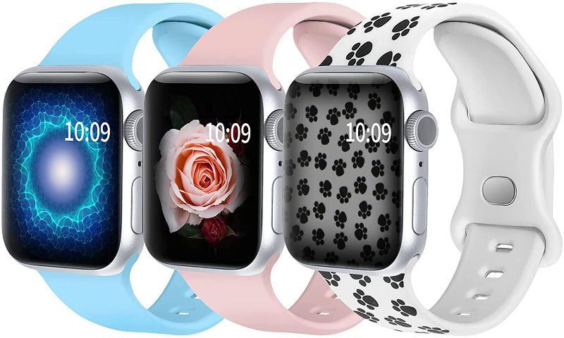 Photo 1 of THREE PACK: Mhunter Sport Bands Compatible with Apple Watch Band 38mm 40mm 42mm 44mm, Floral Printed Silicone Replacement Compatible with iWatch Bands Series 6 5 4 3 2 1 Women Girls (Paw Print+Teal+Pink 38/40)
