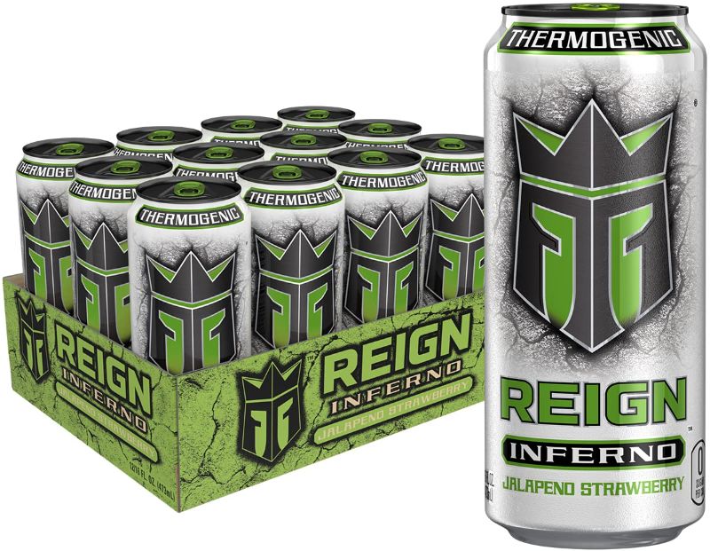 Photo 1 of Reign Inferno Strawberry Jalapeno, Thermogenic Fuel, Fitness and Performance Drink, 16 Ounce (Pack of 12)
