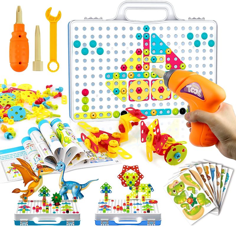 Photo 1 of GALOPAR Stem Toys for 2 3 4 5 6 Year Old, 257 Pcs Toy Drill for Kids, Creative Mosaic Drill Set, Electric Drill Puzzle Toys 3D Construction Engineering Building Blocks for Boys Girls
