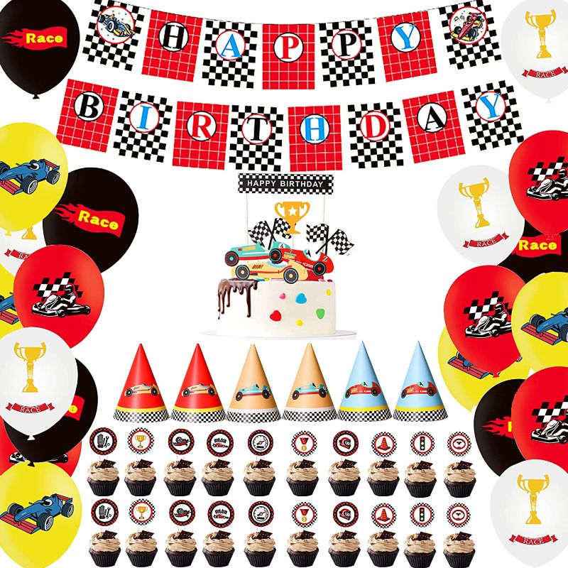 Photo 1 of **SET OF 2**
SHX 52 Pieces Race Car Birthday Party Supplies Set, Car Birthday Party Decorations for Boys Including Car Happy Birthday Banner and Car Balloons, Birthday Hats, Car Cupcake Toppers
