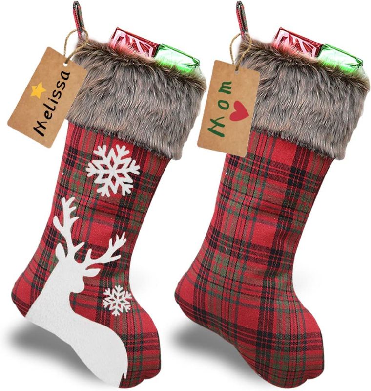 Photo 1 of **2 pk**
WUJOMZ 2 Pack 18" Plaid Christmas Stockings with Snowflake, Reindeer, Plush Rustic Large Christmas Stocking Personalized for Xmas Burlap Decorations Red
