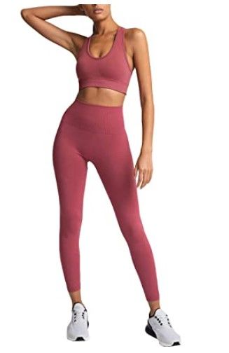 Photo 1 of CTHH Women's Yoga Outfits 2 Piece High Waisted Leggings with Sports Bra Gym Clothes Sets, Peach, Large
