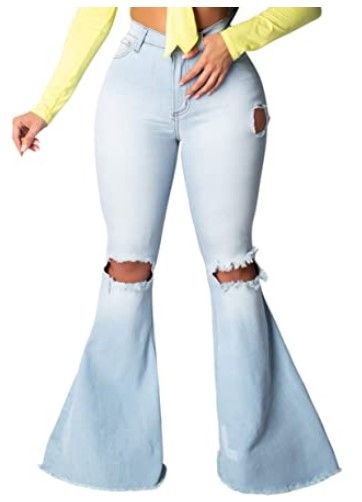 Photo 1 of SeNight Women Bell Bottom Jeans Elastic Waist Ripped Flared Jean Destroyed Raw Hem Denim Pants, 3XL
