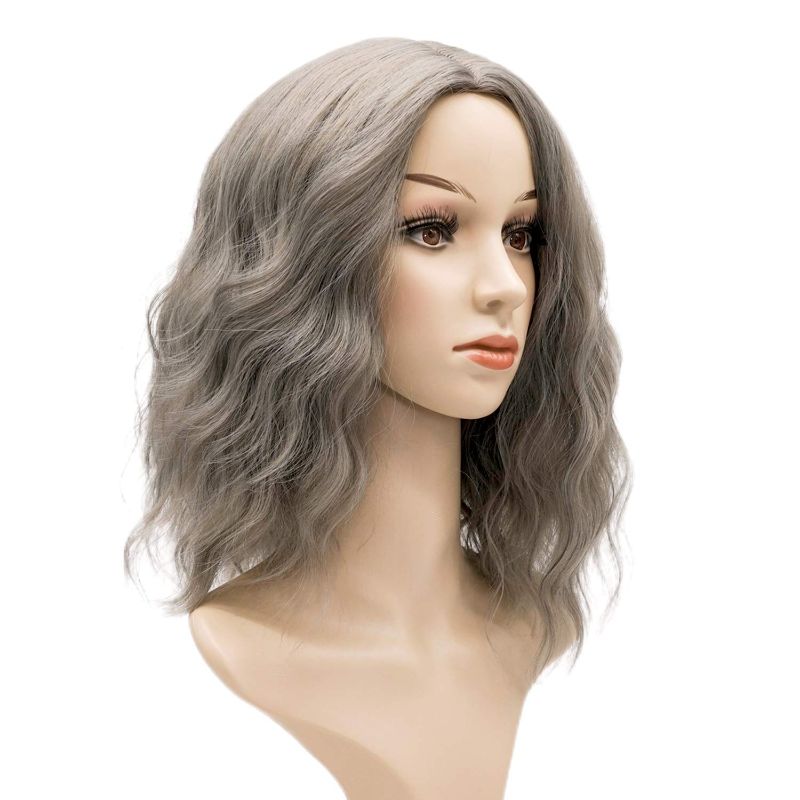 Photo 1 of TUZHU Wavy Wig Short Gray Middle Part Wigs Shoulder Length Women's Short Synthetic Lace Front Wigs Cosplay Wig for Girl Colorful Costume Curly Wigs ( gray 16in)