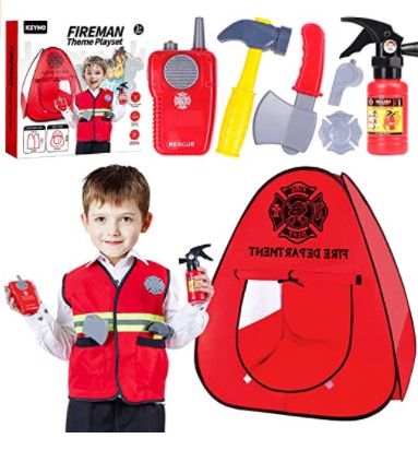 Photo 1 of Firefighter Costume for Kids Fireman Dress up Toddler Pretend Play Costume with Kids Play TentSet, DOLNOW Fireman Role Play Accessories for Kids Ages 3-6
