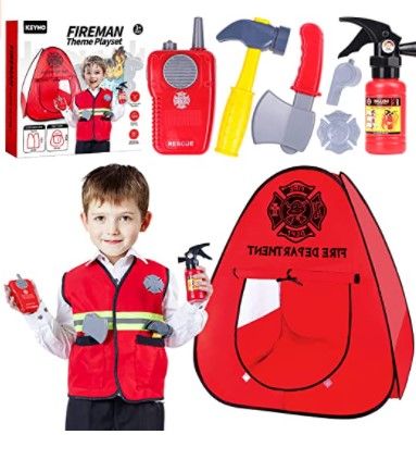 Photo 1 of Firefighter Costume for Kids Fireman Dress up Toddler Pretend Play Costume with Kids Play TentSet, DOLNOW Fireman Role Play Accessories for Kids Ages 3-6
