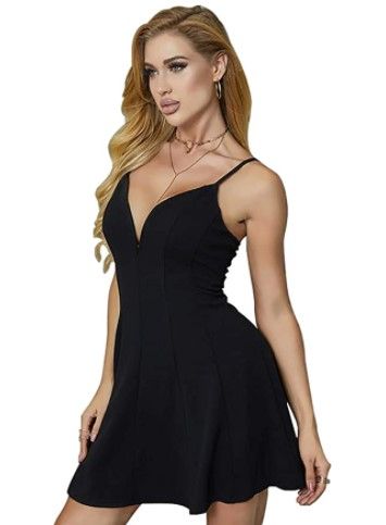 Photo 1 of Teemet Womens Sleeveless Deep V-Neck Backless Breast Wrap Pure Color Sexy Sling Mini Dress, Large
