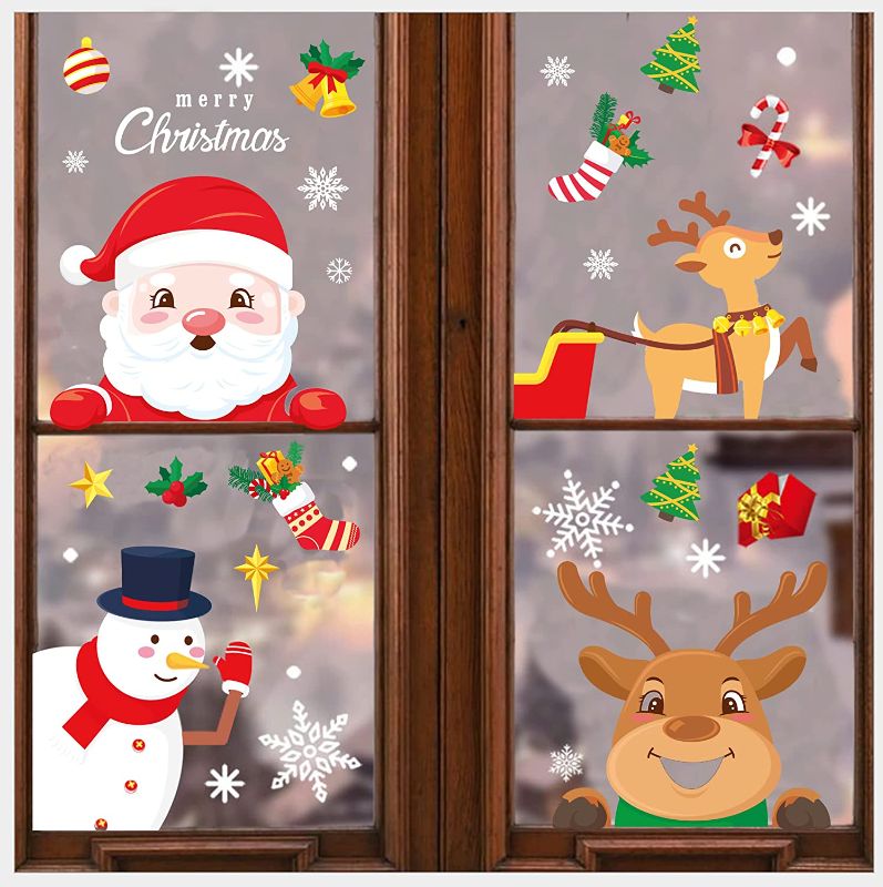 Photo 1 of **SET OF 2**
328 PCS Christmas Decorations Snowflake Window Clings Snowflakes Stickers, White Snowflake Ornaments, Snowman, Santa Claus and Reindeer Decals for Glass, Xmas Decals Decorations
