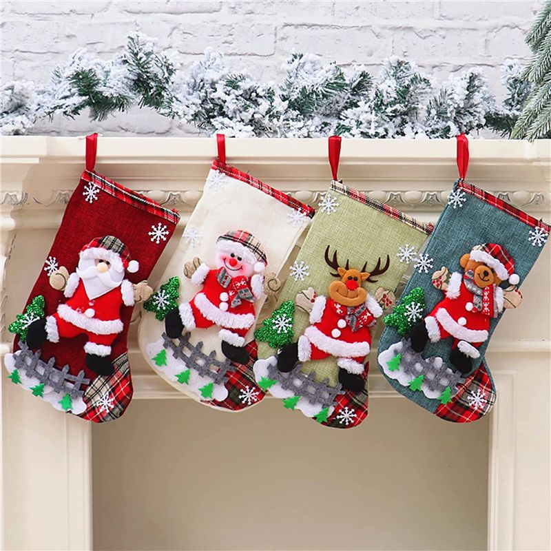 Photo 1 of **SET OF 3**
Christmas Stockings Set of 4, Personalized Xmas Stockings Santa, Snowman, Reindeer, Bear Design Christmas Decoration, Xmas Character 3D Plush Christmas Stocking Hanging on Christmas Tree & Fireplace
