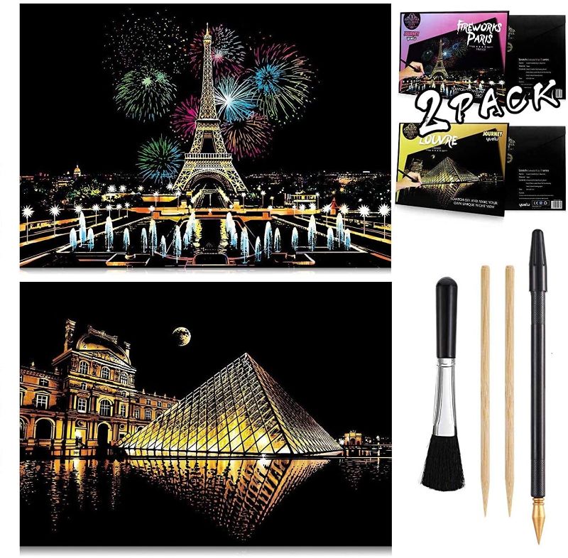 Photo 1 of **SET OF 2**
ageqi Rainbow Scratch Art Painting Paper, Scratch Paper Painting Sketch Pad DIY City Series Night Scene Scratchboard for Adults and Kids - 2 Packs, 16 X 11.2 Inches 4 Tools (Paris & Louvre)
