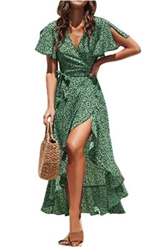 Photo 1 of Fleur Wood Women's Short Sleeve V Neck Ruffle Floral Wrap Maxi Dresses Flowy Summer Boho Maxi Dress with Tie Belt, XL
