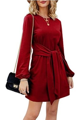 Photo 1 of Tobrief Women’s Fall Lantern Long Sleeve Tunic Short Dress Knitted Tie Waist Sweater Dress, Small
