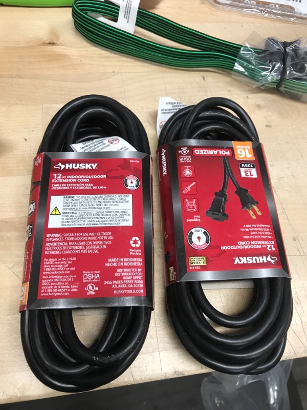 Photo 2 of **SET OF 2**
Husky 12 ft. 16 Gauge Indoor/Outdoor Extension Cord Black
