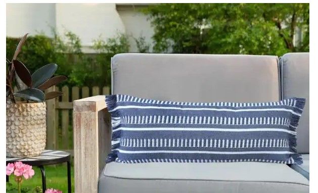 Photo 1 of 
LR Home
Dash Striped Navy Blue/White 14 in. x 36 in. Indoor Outdoor Lumbar Throw Pillow with Fringe
