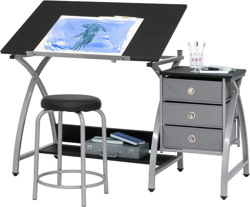 Photo 1 of 2 Piece Comet Art, Hobby, Drawing, Drafting, Craft Table with 36"W x 23.75"D Angle Adjustable Top and Stool in Silver/Black, Assembled Dimensions: 50" W x x 29.5" H
