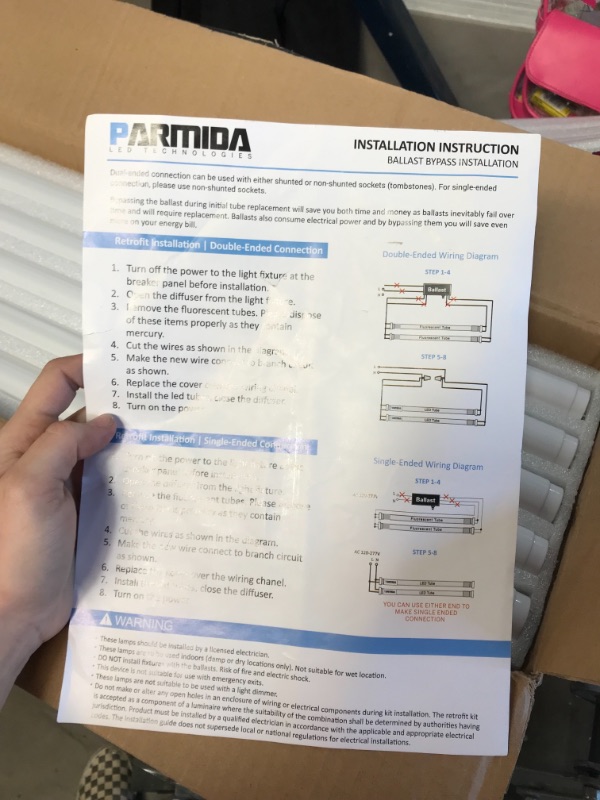 Photo 2 of PARMIDA 20-Pack 4FT LED T8 Hybrid Type A+B Light Tube, 18W, Plug & Play or Ballast Bypass, Single-Ended OR Double-Ended Connection, 5000K, 2200lm, Frosted Cover, T8 T10 T12, Shatterproof, UL & DLC
