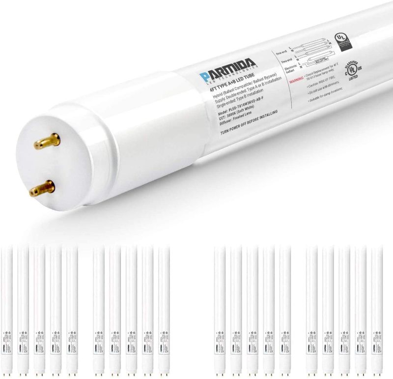 Photo 1 of PARMIDA 20-Pack 4FT LED T8 Hybrid Type A+B Light Tube, 18W, Plug & Play or Ballast Bypass, Single-Ended OR Double-Ended Connection, 5000K, 2200lm, Frosted Cover, T8 T10 T12, Shatterproof, UL & DLC
