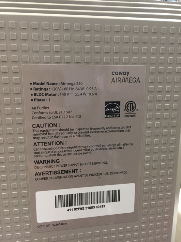 Photo 4 of Coway Airmega 250 Smart Air Purifier (Covers 930 sq. ft.), True HEPA Air Purifier with Smart Technology
AS IS USED