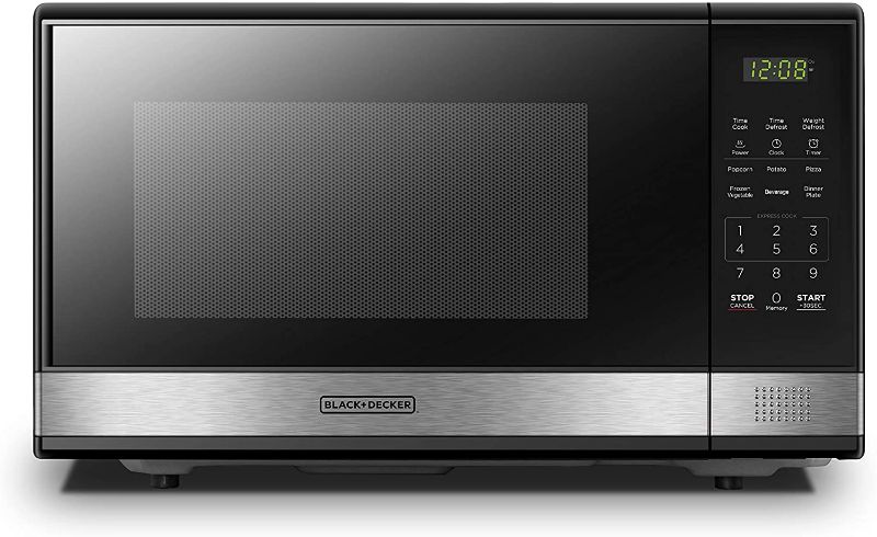 Photo 1 of Black+Decker EM720CB7 Digital Microwave Oven with Turntable Push-Button Door, Child Safety Lock, 700W, Stainless Steel, 0.7 Cu.ft
