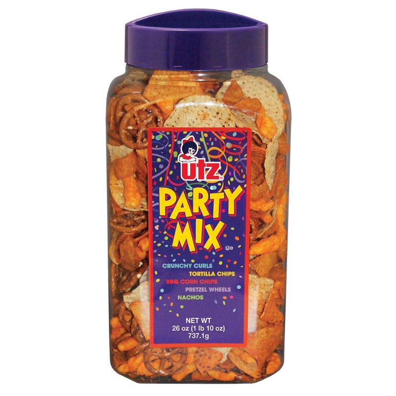 Photo 1 of Utz Party Mix - 26 Ounce Barrel - Tasty Snack Mix Includes Corn Tortillas, Nacho Tortillas, Pretzels, BBQ Corn Chips and Cheese Curls, Easy and Quick Party Snacks, Cholesterol Free and Trans-Fat Free
BEST BY: NOV. 22, 2021