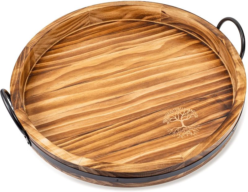 Photo 1 of LiveliWood Round Wood Tray - 19.5 x 18 x 3” (LxWxH) - Rustic Serving Tray with Galvanized Handles for Coffee, Wine, Dessert, and More - Decorative Centerpiece Round Coffee Table Tray
AS IS USED