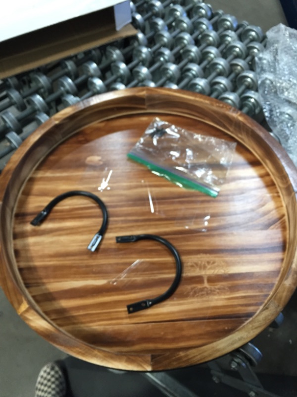 Photo 1 of LiveliWood Round Wood Tray - 19.5 x 18 x 3” (LxWxH) - Rustic Serving Tray with Galvanized Handles for Coffee, Wine, Dessert, and More - Decorative Centerpiece Round Coffee Table Tray
AS IS USED