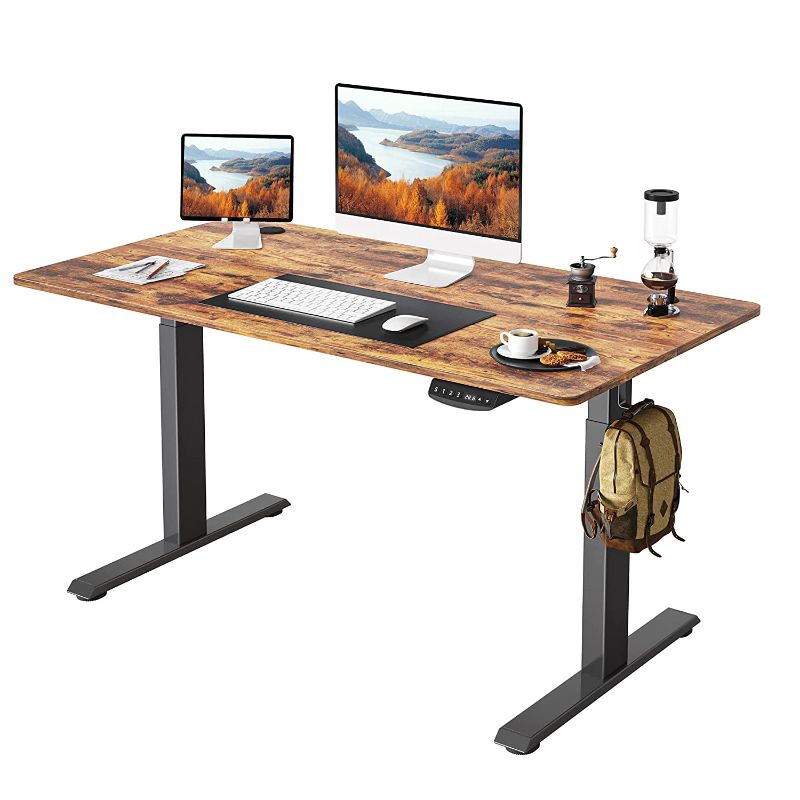 Photo 1 of FEZIBO Height Adjustable Electric Standing Desk, 48 x 24 Inches Stand up Table, Sit Stand Home Office Desk with Splice Board, Black Frame/Rustic Brown Top
