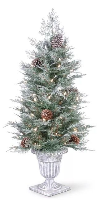 Photo 1 of (BROKEN BASE; BENT POWER PLUG)
4' Feel Real® Frosted Mountain Spruce Entrance Tree with Cones in Silver Brushed Urn & 100 Clear Lights
