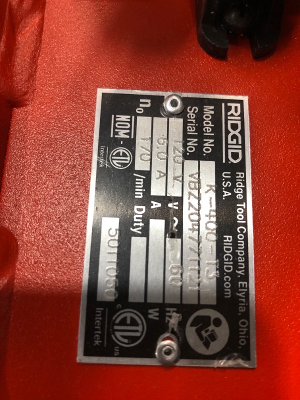 Photo 3 of (DAMAGED END; MISSING WHEEL)
Ridgid 26998 TOOL COMPANY GIDDS-813353 K-400 Drum Machine With C-45 Cable - 813353