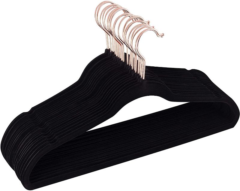 Photo 1 of Premium 120 Velvet Hangers with Rose Gold Hook Durable & Slim Non-Slip Velvet Hangers - 360 Degree rotatable Hook Space Saving Ultra Thin Velvet Hangers for Coats, Pants, Suit, Jacket (Black, 120)