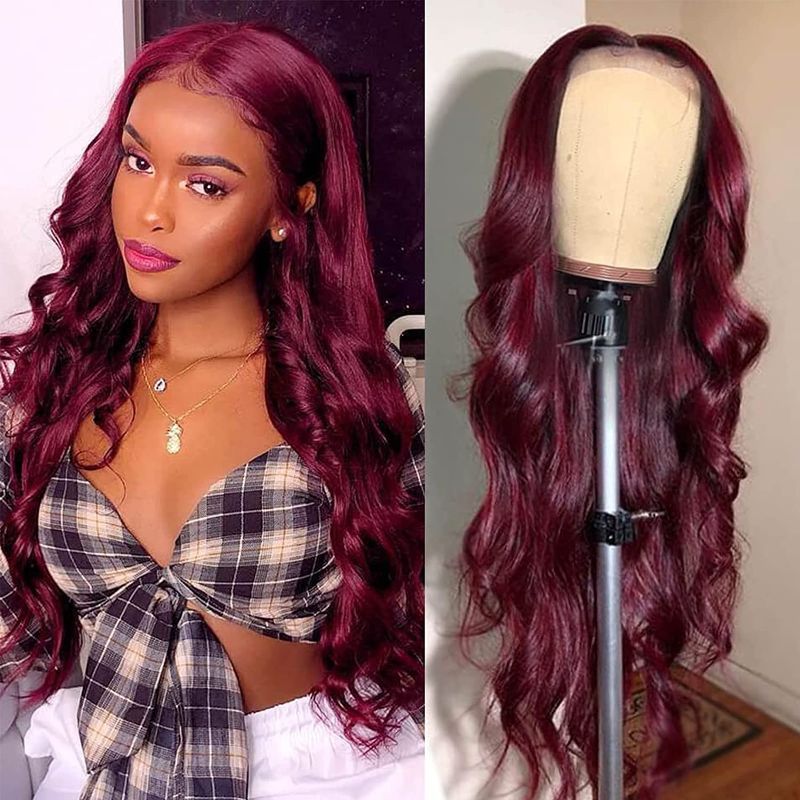 Photo 1 of Uzoli Curly Wigs for Black Women 26 inch Deep Wave Lace Front Wigs Synthetic Hair, Lace Closure Wig with Natural Looking Hair Line Black 150% Density (24inch, Winered-Bodywave)
