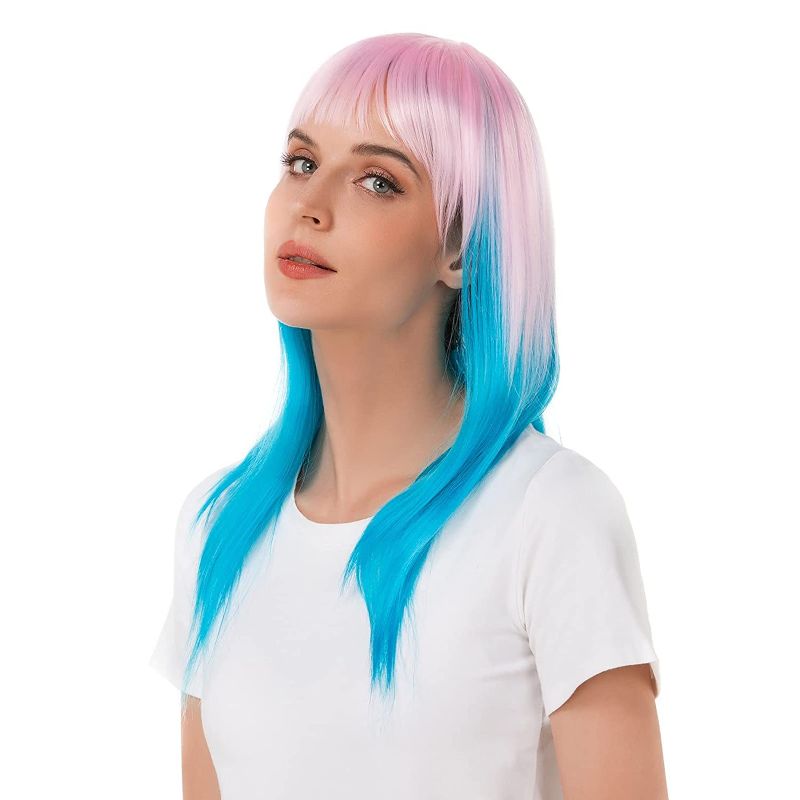 Photo 1 of 2-PACK : Pink Blue Wigs with Bangs Ombre Straight for Women Pastel Natural Looking Colored Cosplay Party Wig Heat Resistant Daily Use
