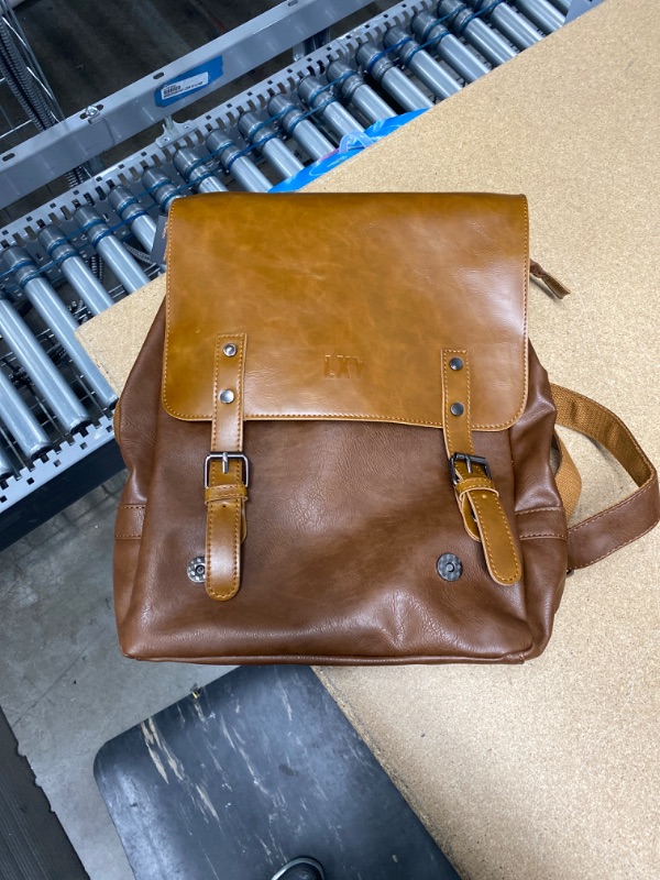 Photo 2 of LXY Vegan Leather Backpack Vintage Laptop Bookbag for Women Men, Brown Faux Leather Backpack Purse College School Bookbag Weekend Travel Daypack
