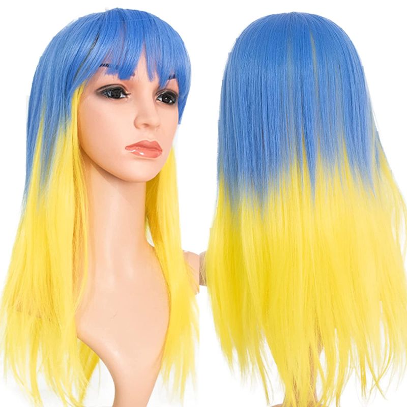 Photo 1 of Yellow Blue Wigs with Bangs for Women Ombre Straight Wig Natural Looking Cosplay Party Wig Heat Resistant Daily Use
