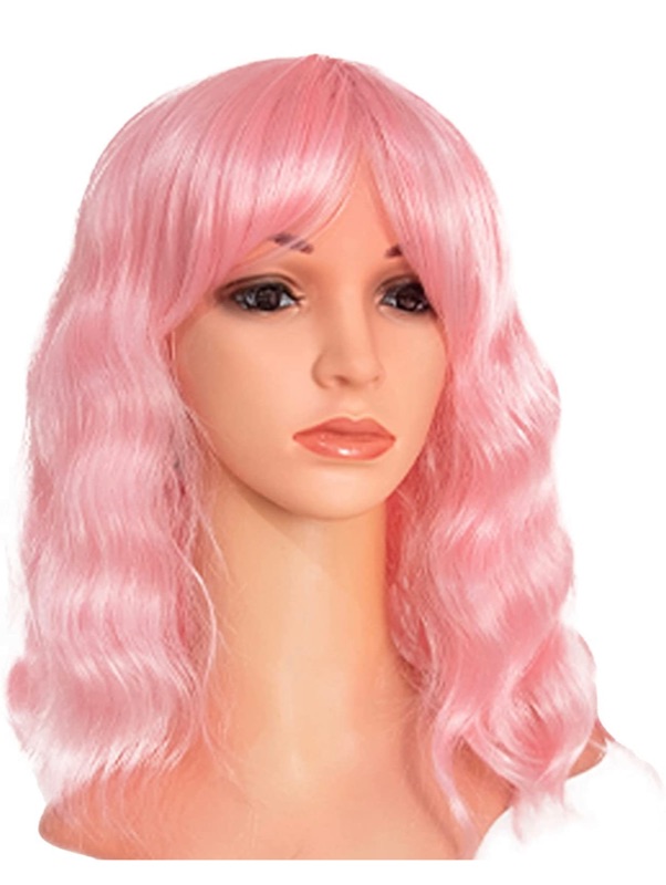 Photo 1 of Pink Wigs for Women Pastel Short Bob Wavy Wig with Bangs Light Pink Shoulder Length Synthetic Party Cosplay Wig for Costume
