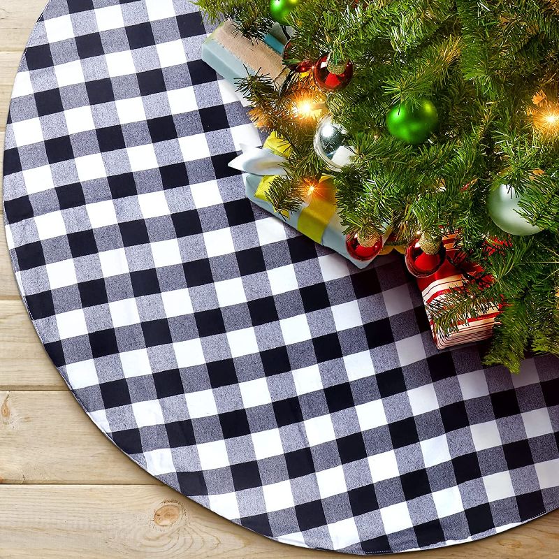 Photo 1 of 50 inch Christmas Tree Skirt, Large Buffalo Plaid Tree Skirt with Hook-and-Loop Fastener, Cotton Checked Xmas Tree Skirt, Rustic Tree Skirt for Christmas Holiday Party Decorations (White and Black)
