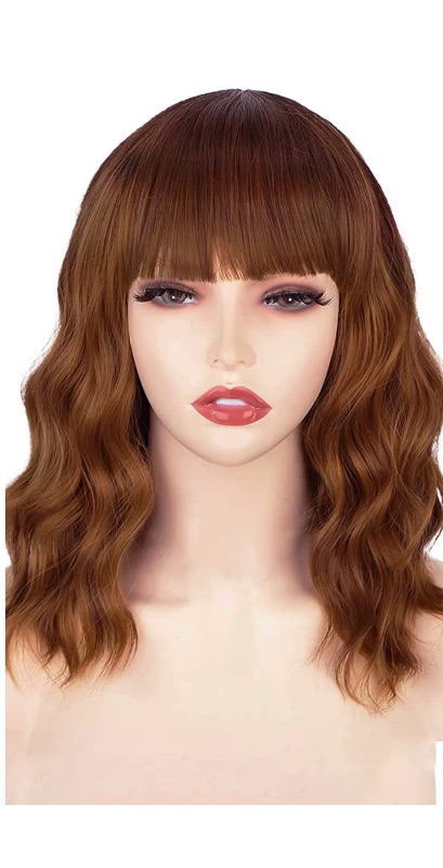 Photo 1 of Brown wig with bangs Short Wavy Bob Wig Shoulder Length for Women Brown Highlight Natural Looking Hair for Daily Wear(15.7”,Brown)