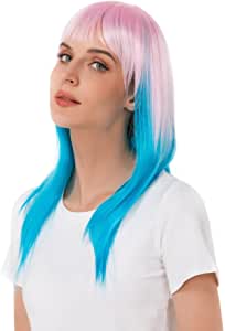 Photo 1 of Pink Blue Wigs with Bangs Ombre Straight for Women Pastel Natural Looking Colored Cosplay Party Wig Heat Resistant Daily Use