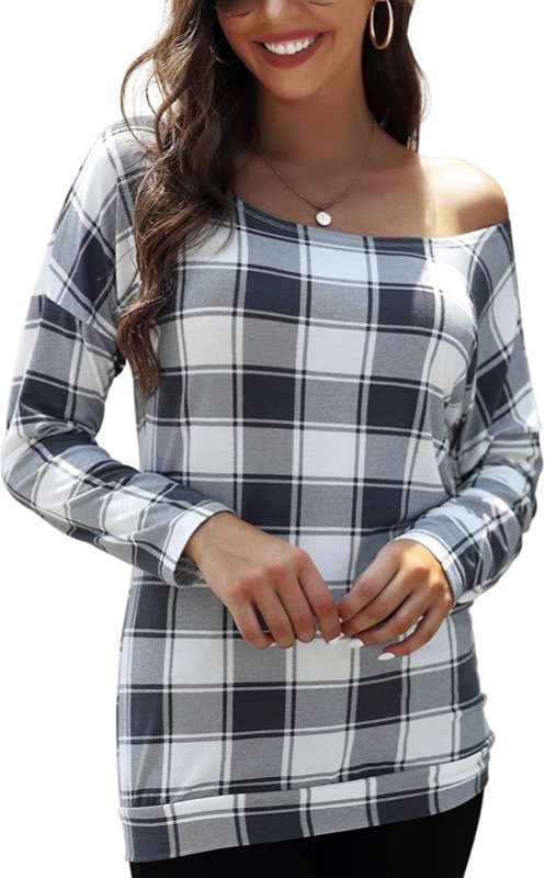 Photo 1 of Koncle Off the Shoulder Tops for Women Long Sleeve Plaid Shirts Casual Fall Tunic Top (M)