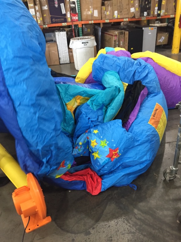 Photo 10 of Bounceland Pop Star Inflatable Bounce House Bouncer, Large Bouncing Area with Long Slide, Climbing Wall, Basketball Hoop, UL 1HP Blower Included, 15 ft x 13 ft x 8.3 ft H, Pop Star Kids Party Theme *** minor dirt markings***
