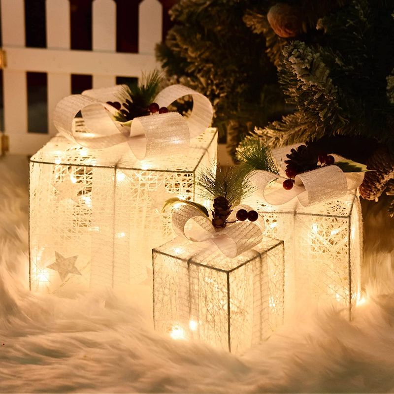 Photo 1 of COVFEVER Lighted Gift Boxes Set of 3, Battery Operated Light Up Present Boxes Waterproof for Xmas Tree, Indoor Outdoor Christmas Decorations (White Bow)
