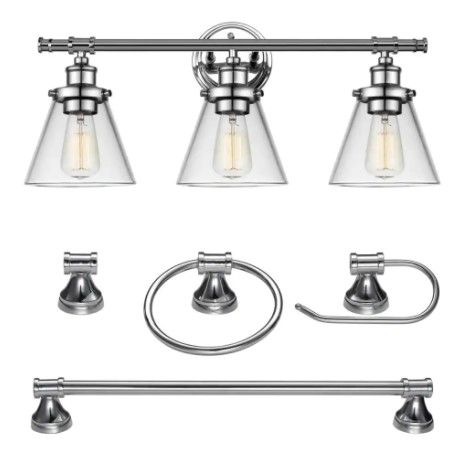 Photo 1 of 
Parker 3-Light Chrome Vanity Light With Clear Glass Shades and Bath Set (5-Piece)
