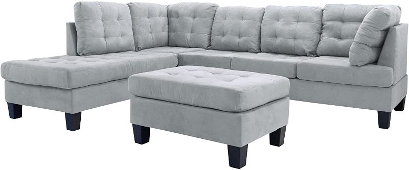 Photo 1 of **INCOMPLETE BOX 1 OF 4** 
3 Piece Modern Tufted Micro Suede L Shaped Sectional Sofa Couch with Reversible Chaise & Ottoman, Large, Light Grey