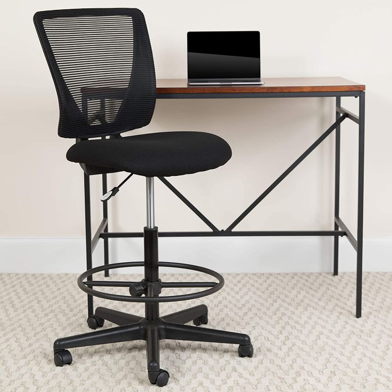 Photo 1 of Flash Furniture Ergonomic Mid-Back Mesh Drafting Chair with Black Fabric Seat and Adjustable Foot Ring
