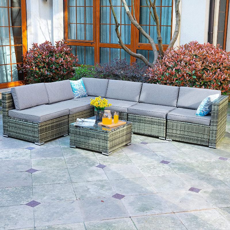 Photo 1 of  *Box 3* rest of the boxes is missing YITAHOME 7 Piece Outdoor Patio Furniture Sets, Garden Conversation Wicker Sofa Set, and Patio Sectional Furniture Sofa Set with Coffee Table and Cushion for Lawn, Backyard, and Poolside, Gray Gradient

