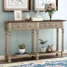 Photo 1 of 58 in. Antique Gray Standard Rectangle Wood Console Table with Drawers
