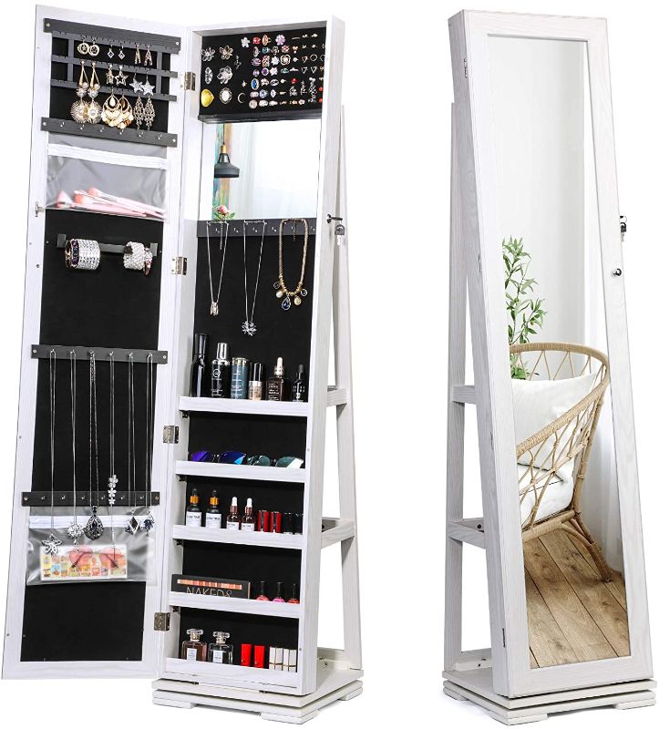 Photo 1 of TWING Jewelry Organizer Jewelry Cabinet 360 Rotating, Lockable Standing Wall Jewelry Armoire with Full Length Mirror Large Jewelry Armoire Cabinet(White with Wood Grain)
