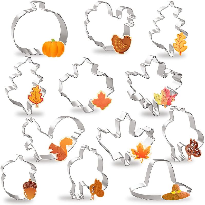 Photo 1 of 12Pcs Fall Cookie Cutters - Pumpkin/ Turkey/ Maple Leaf/ Squirrel/ Acorn/Large Thanksgiving Cookie Cutter Set, Metal Stainless Steel Biscuit Cookie Molds 3-PACKS
