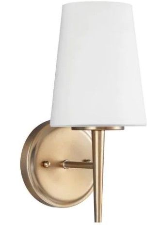 Photo 1 of Driscoll 1-Light Satin Brass Wall/Bath Sconce with Inside White Painted Etched Glass
