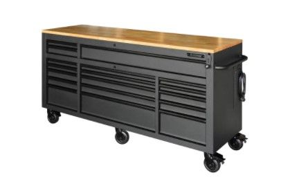 Photo 1 of ***COLOR IS WHITE NOT BLACK*** Husky
Heavy-Duty 72 in. W 18-Drawer, Deep Tool Chest Mobile Workbench in Matte Black with Adjustable-Height Hardwood Top
